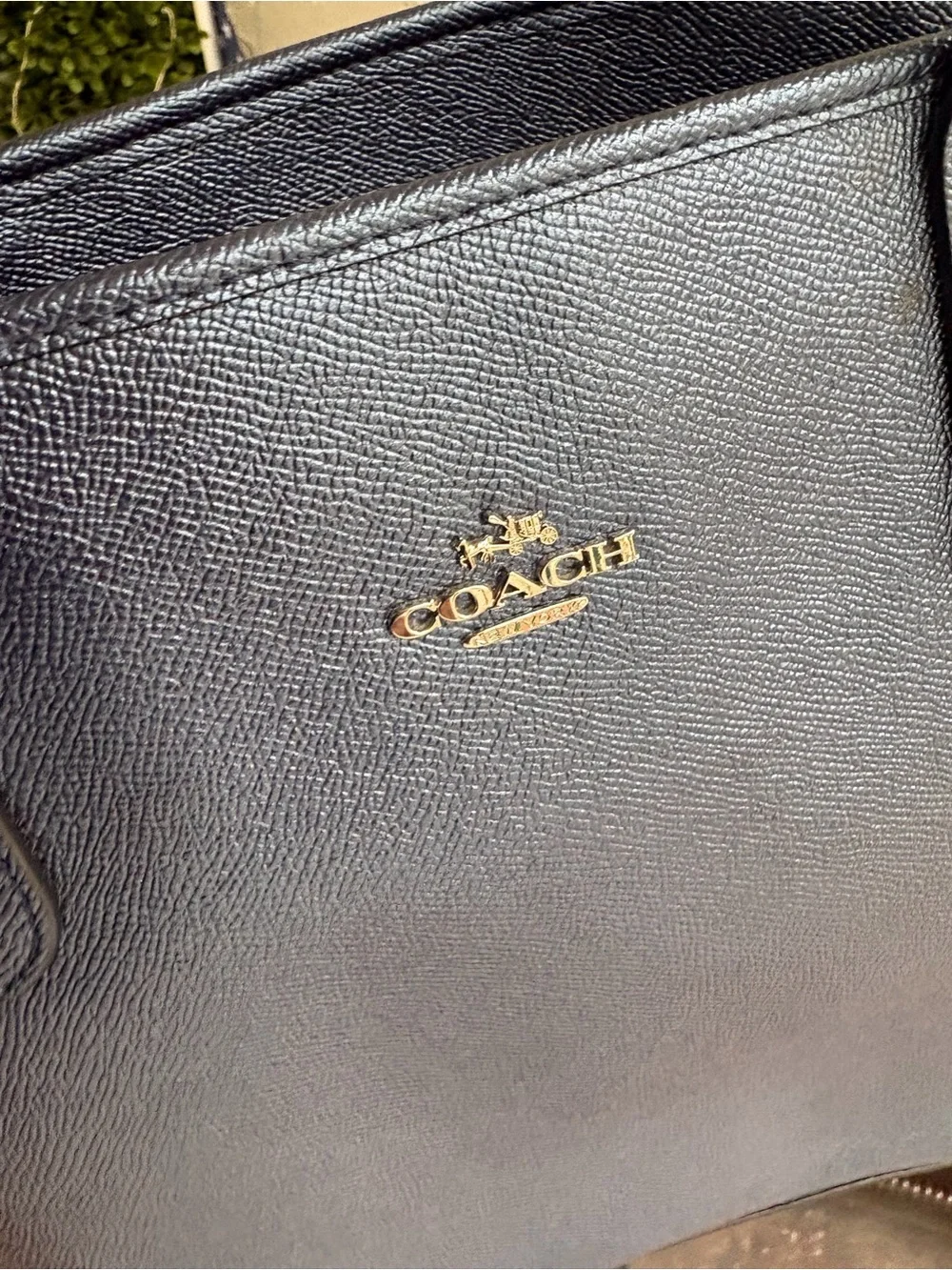 Coach navy blue/denim/metallic Leather Tote with silver logo Accent